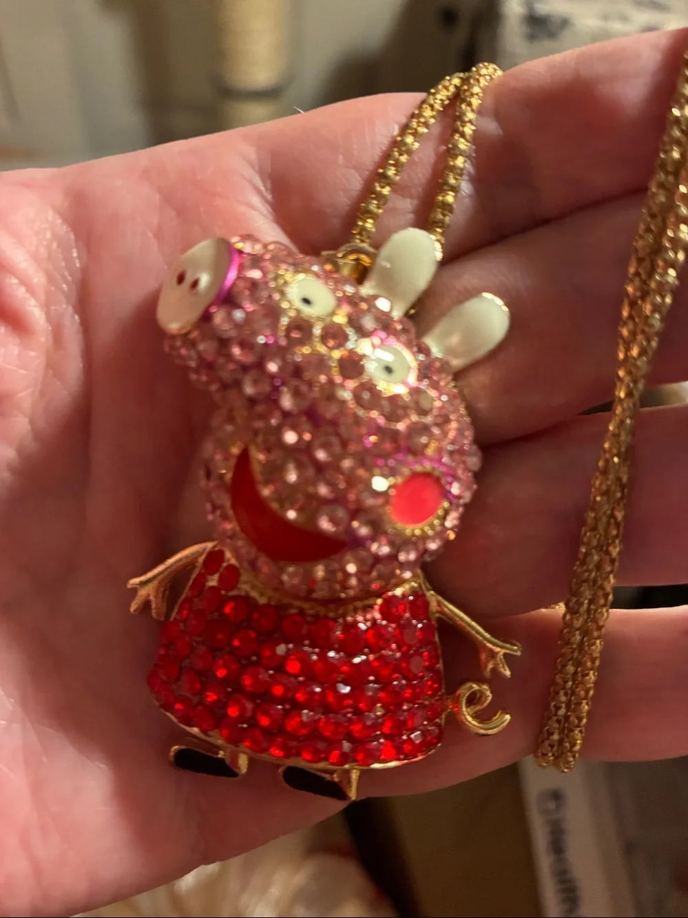 Peppa Pig Pendant Necklace -  Pink and Ref Crystals-Gold Tone.